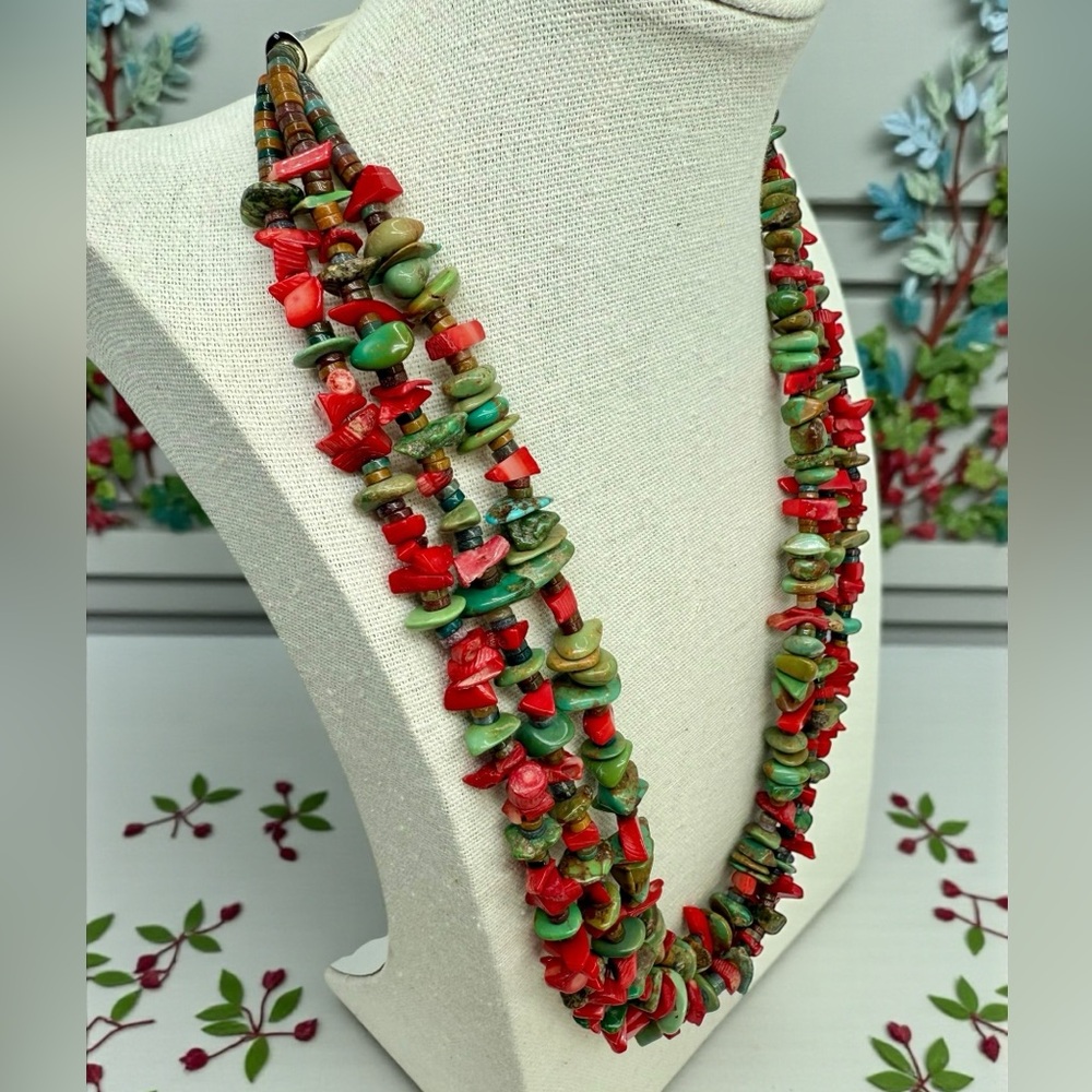 Artisan Triple Strand Turquoise Coral Jasper Heishi Necklace Sterling Clasp 119g